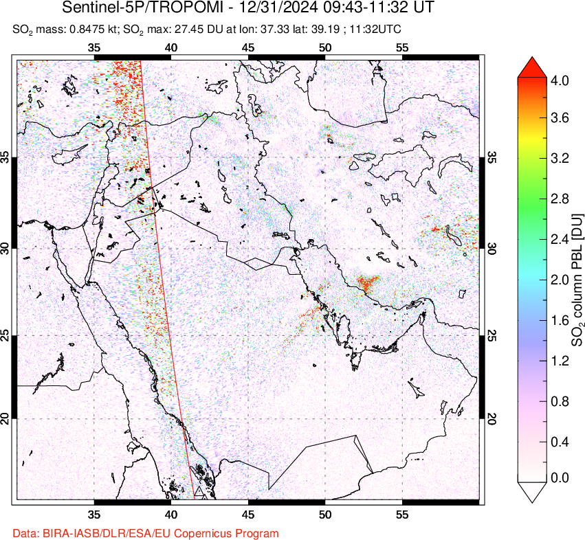 A sulfur dioxide image over Middle East on Dec 31, 2024.