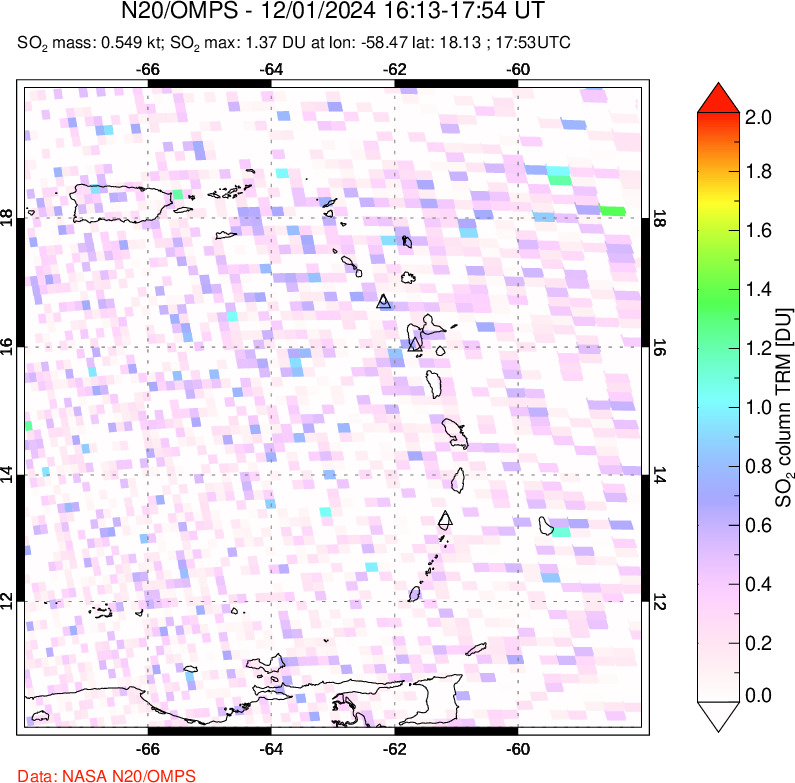 A sulfur dioxide image over Montserrat, West Indies on Dec 01, 2024.