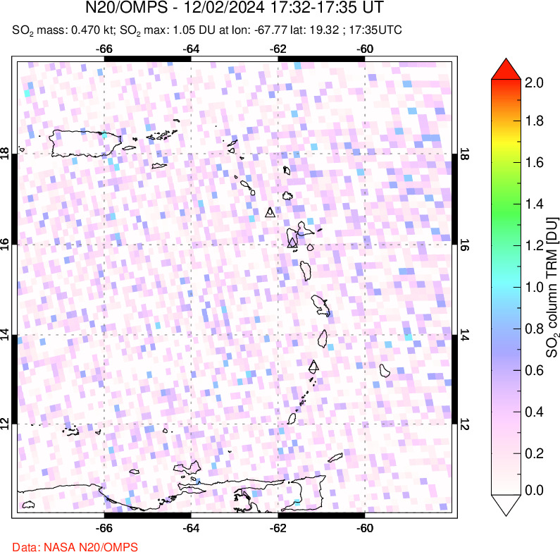 A sulfur dioxide image over Montserrat, West Indies on Dec 02, 2024.