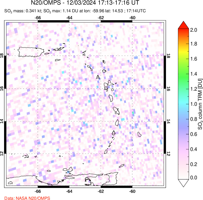 A sulfur dioxide image over Montserrat, West Indies on Dec 03, 2024.