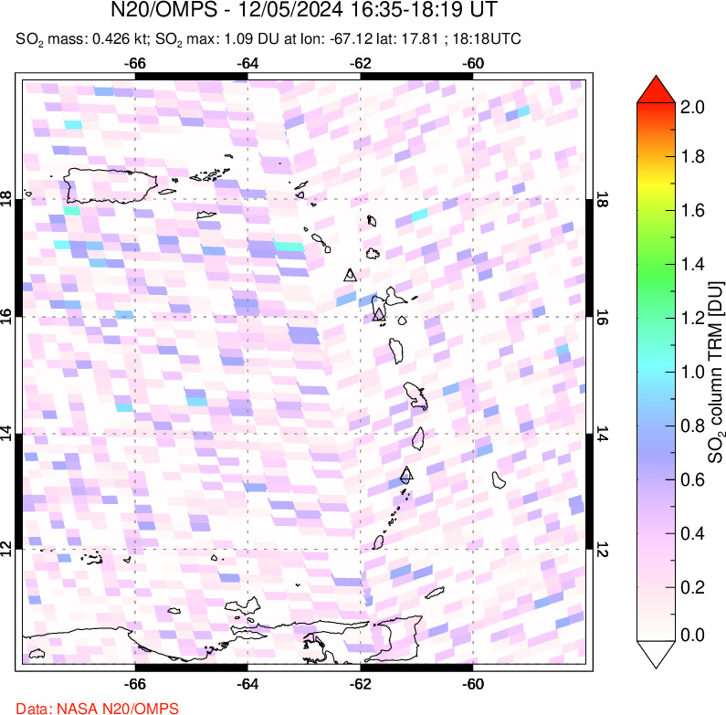 A sulfur dioxide image over Montserrat, West Indies on Dec 05, 2024.