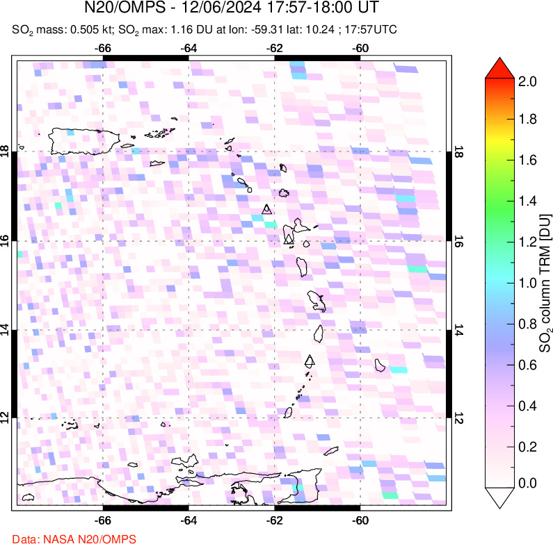 A sulfur dioxide image over Montserrat, West Indies on Dec 06, 2024.