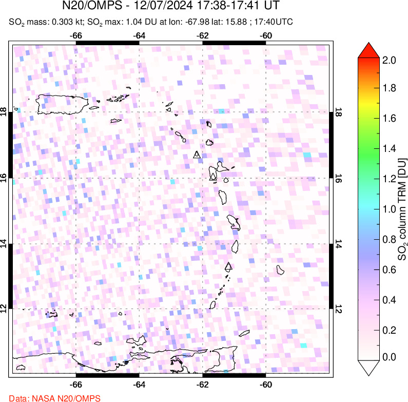 A sulfur dioxide image over Montserrat, West Indies on Dec 07, 2024.