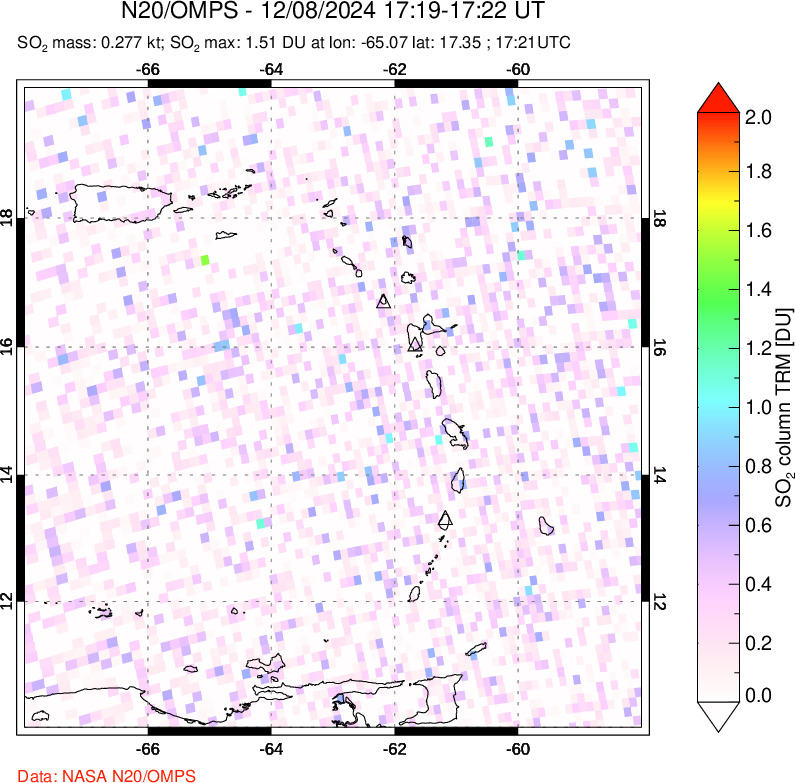 A sulfur dioxide image over Montserrat, West Indies on Dec 08, 2024.