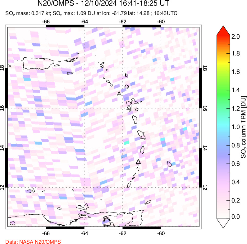 A sulfur dioxide image over Montserrat, West Indies on Dec 10, 2024.