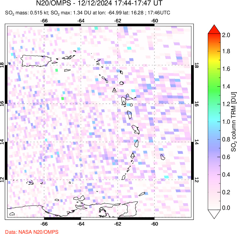 A sulfur dioxide image over Montserrat, West Indies on Dec 12, 2024.