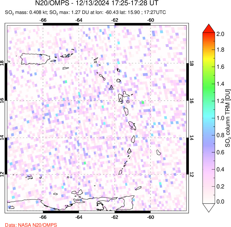 A sulfur dioxide image over Montserrat, West Indies on Dec 13, 2024.