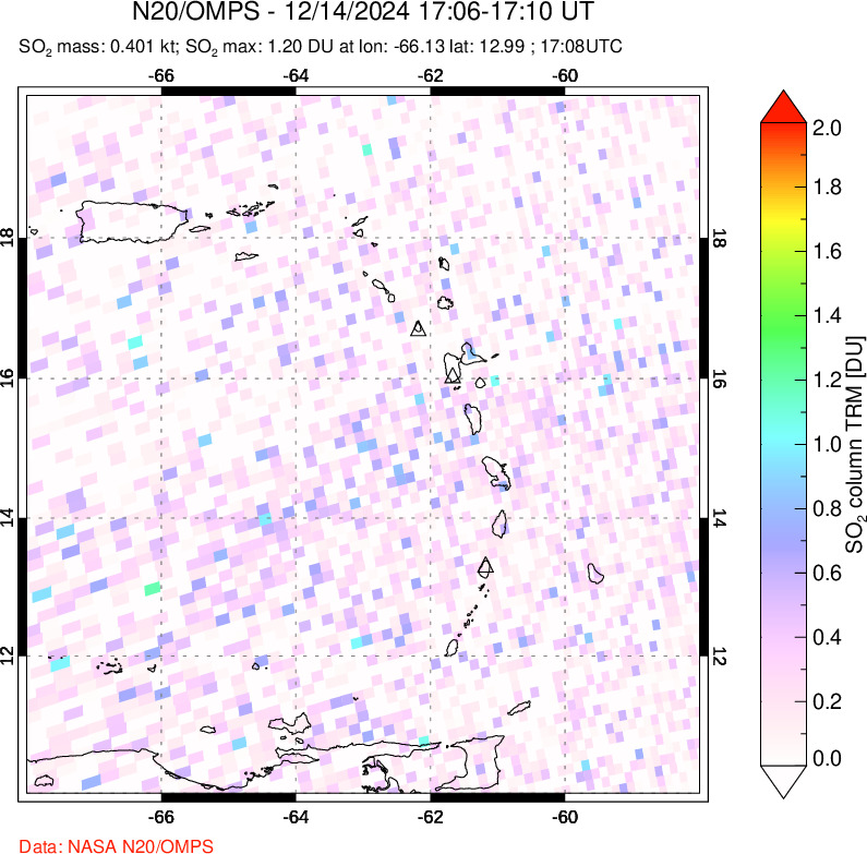 A sulfur dioxide image over Montserrat, West Indies on Dec 14, 2024.