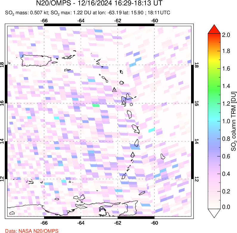 A sulfur dioxide image over Montserrat, West Indies on Dec 16, 2024.