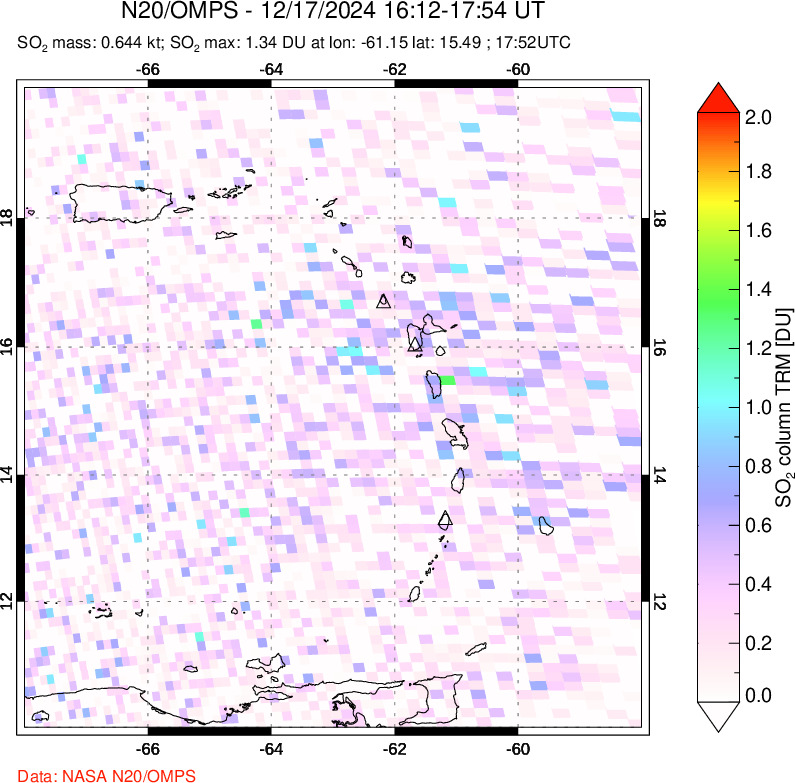 A sulfur dioxide image over Montserrat, West Indies on Dec 17, 2024.