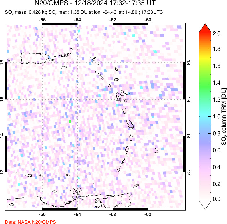 A sulfur dioxide image over Montserrat, West Indies on Dec 18, 2024.