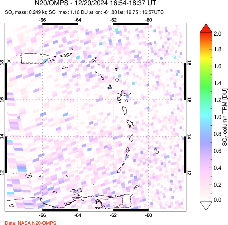 A sulfur dioxide image over Montserrat, West Indies on Dec 20, 2024.