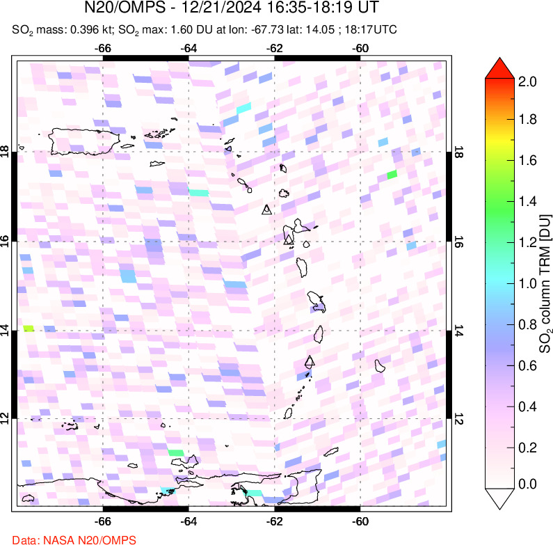 A sulfur dioxide image over Montserrat, West Indies on Dec 21, 2024.