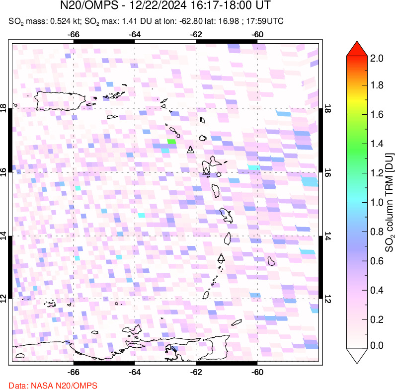 A sulfur dioxide image over Montserrat, West Indies on Dec 22, 2024.