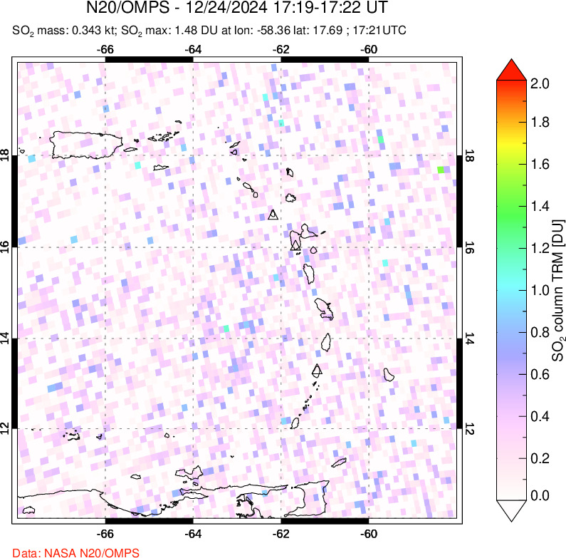 A sulfur dioxide image over Montserrat, West Indies on Dec 24, 2024.