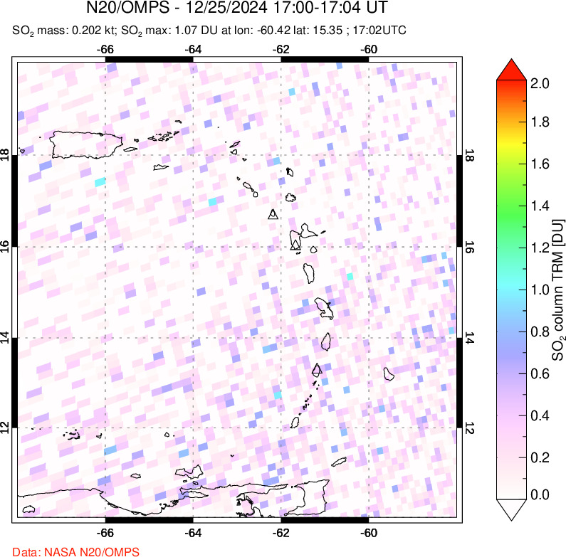 A sulfur dioxide image over Montserrat, West Indies on Dec 25, 2024.