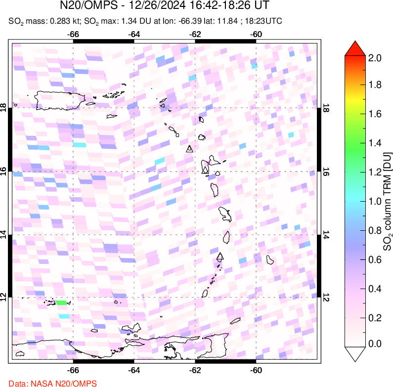 A sulfur dioxide image over Montserrat, West Indies on Dec 26, 2024.