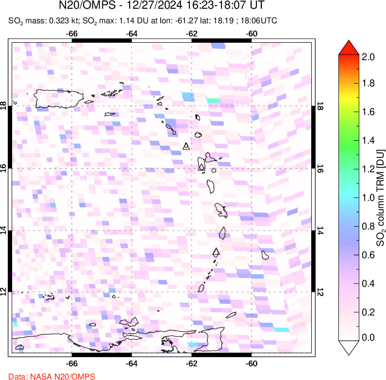 A sulfur dioxide image over Montserrat, West Indies on Dec 27, 2024.