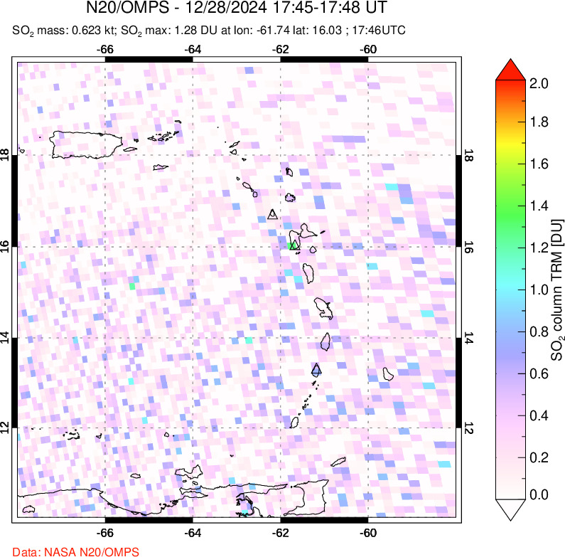 A sulfur dioxide image over Montserrat, West Indies on Dec 28, 2024.