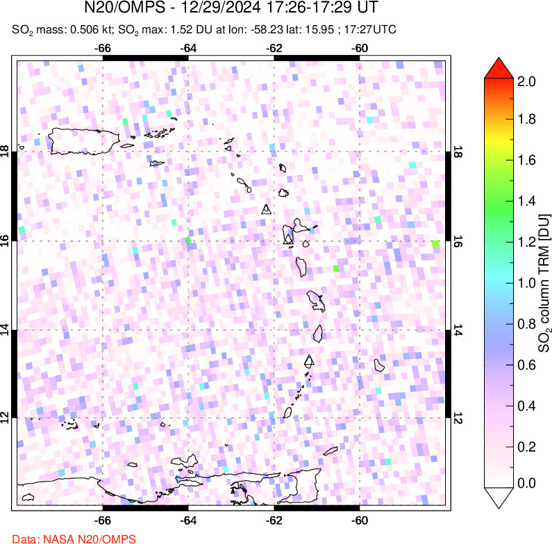 A sulfur dioxide image over Montserrat, West Indies on Dec 29, 2024.