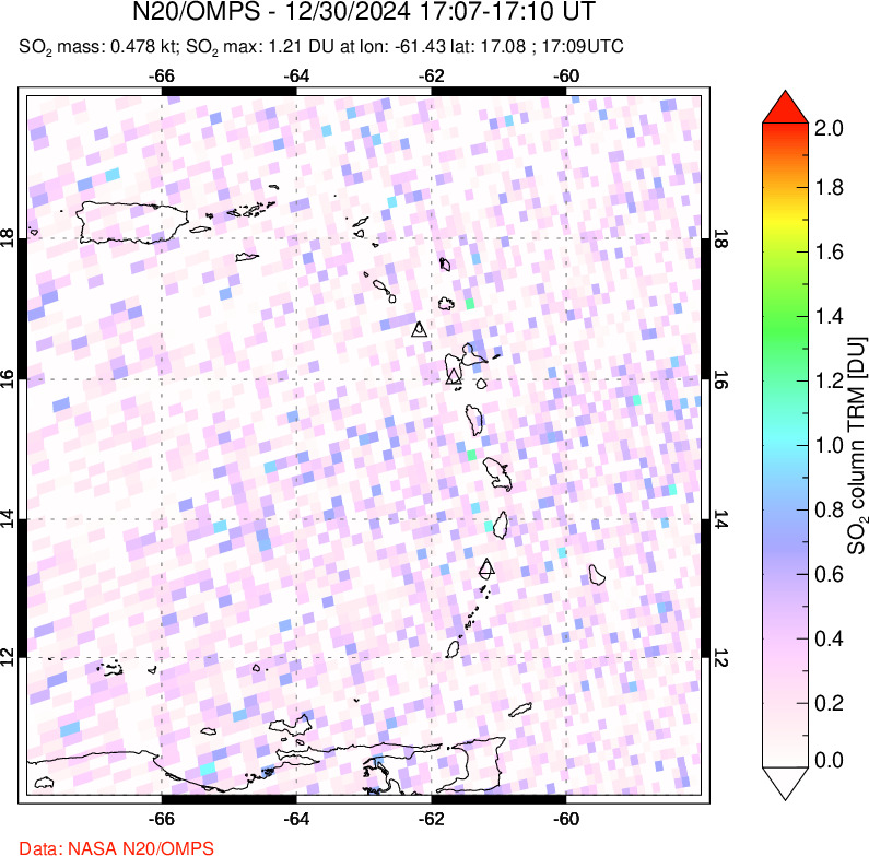 A sulfur dioxide image over Montserrat, West Indies on Dec 30, 2024.