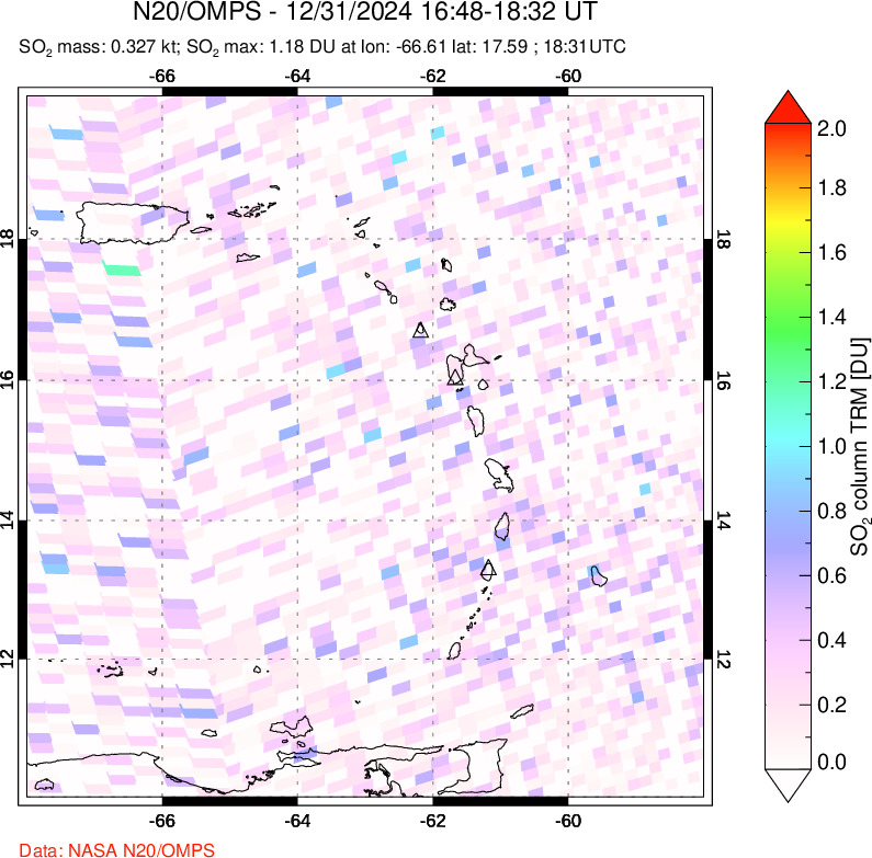 A sulfur dioxide image over Montserrat, West Indies on Dec 31, 2024.