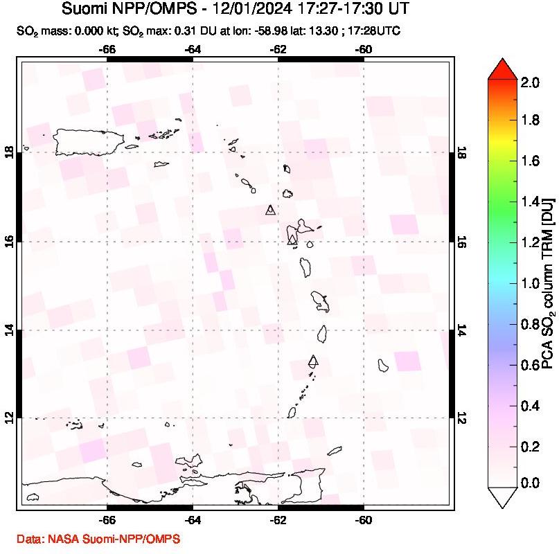 A sulfur dioxide image over Montserrat, West Indies on Dec 01, 2024.