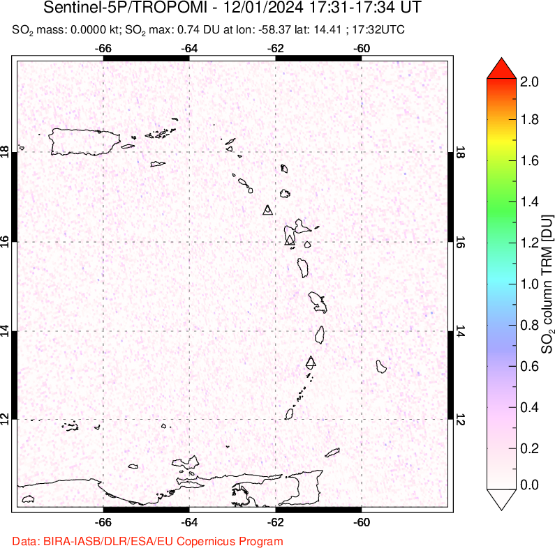 A sulfur dioxide image over Montserrat, West Indies on Dec 01, 2024.