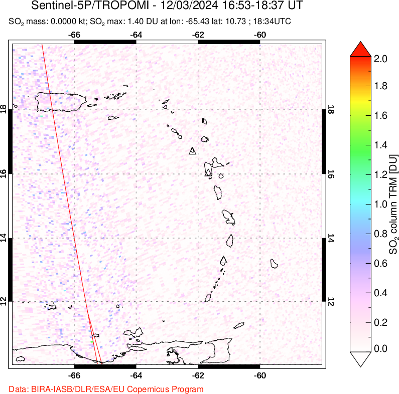 A sulfur dioxide image over Montserrat, West Indies on Dec 03, 2024.