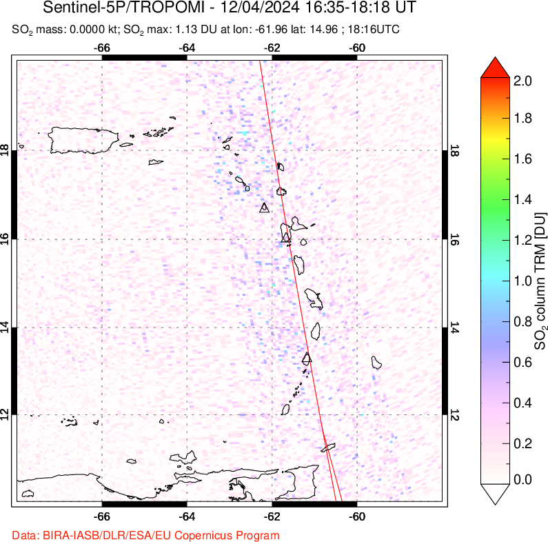 A sulfur dioxide image over Montserrat, West Indies on Dec 04, 2024.