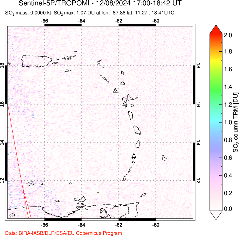 A sulfur dioxide image over Montserrat, West Indies on Dec 08, 2024.