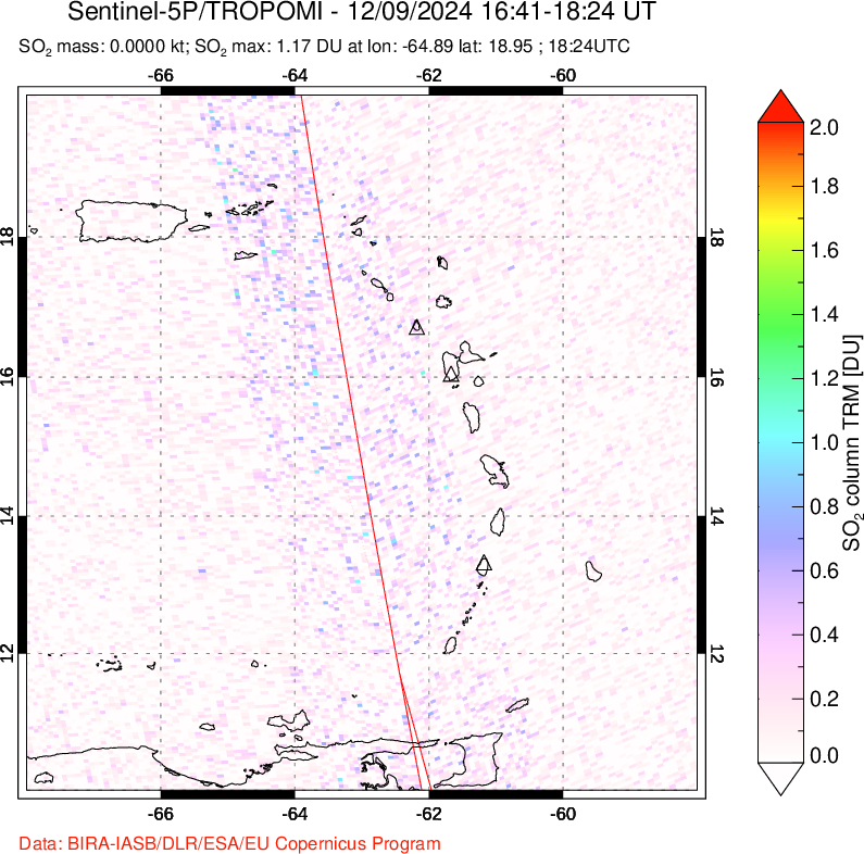 A sulfur dioxide image over Montserrat, West Indies on Dec 09, 2024.