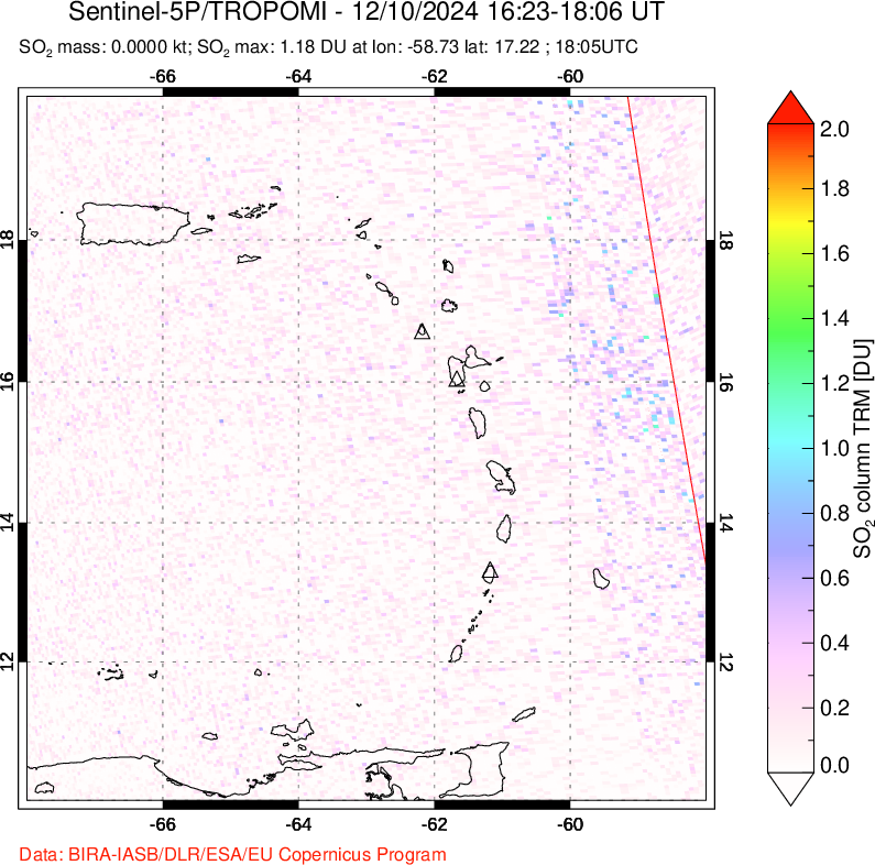 A sulfur dioxide image over Montserrat, West Indies on Dec 10, 2024.