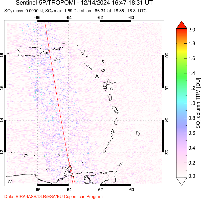 A sulfur dioxide image over Montserrat, West Indies on Dec 14, 2024.