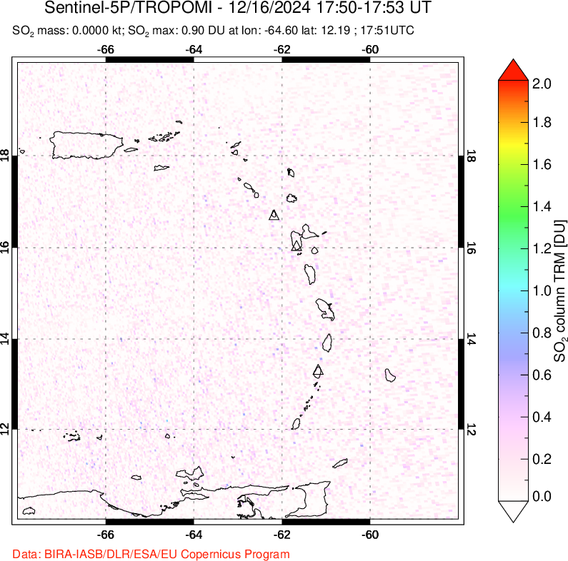 A sulfur dioxide image over Montserrat, West Indies on Dec 16, 2024.