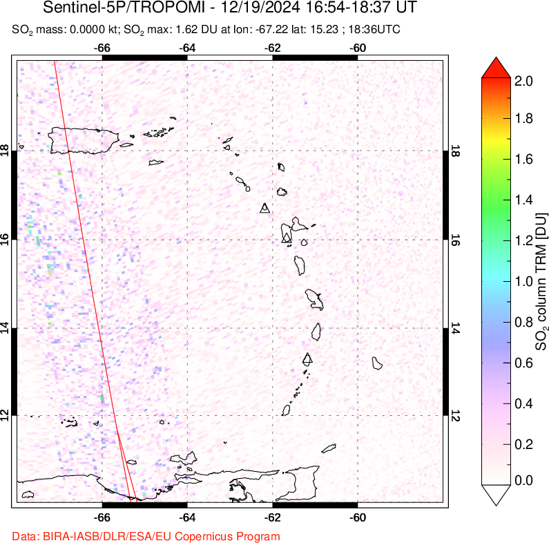 A sulfur dioxide image over Montserrat, West Indies on Dec 19, 2024.