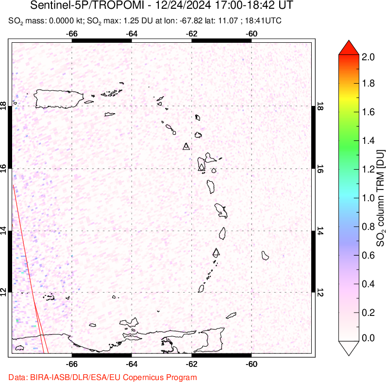 A sulfur dioxide image over Montserrat, West Indies on Dec 24, 2024.