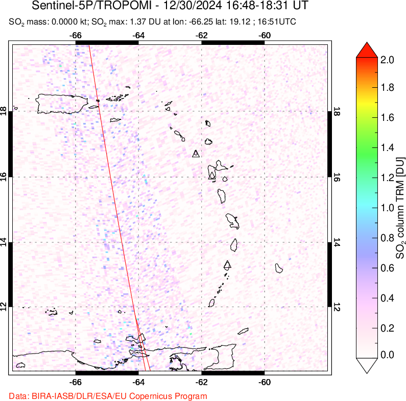 A sulfur dioxide image over Montserrat, West Indies on Dec 30, 2024.