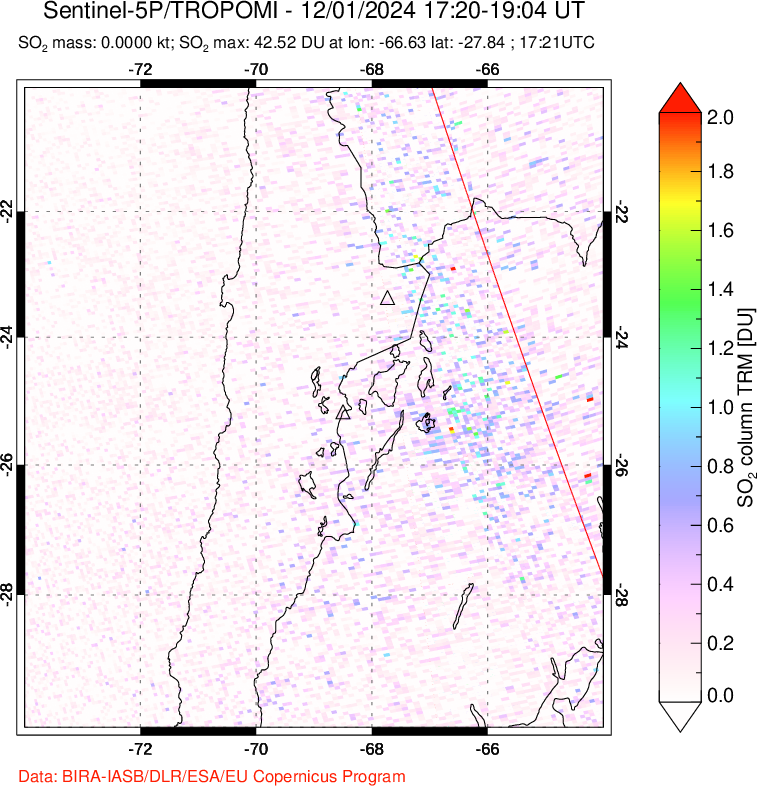 A sulfur dioxide image over Northern Chile on Dec 01, 2024.