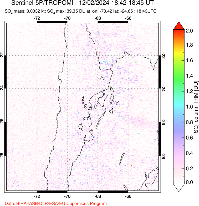 A sulfur dioxide image over Northern Chile on Dec 02, 2024.