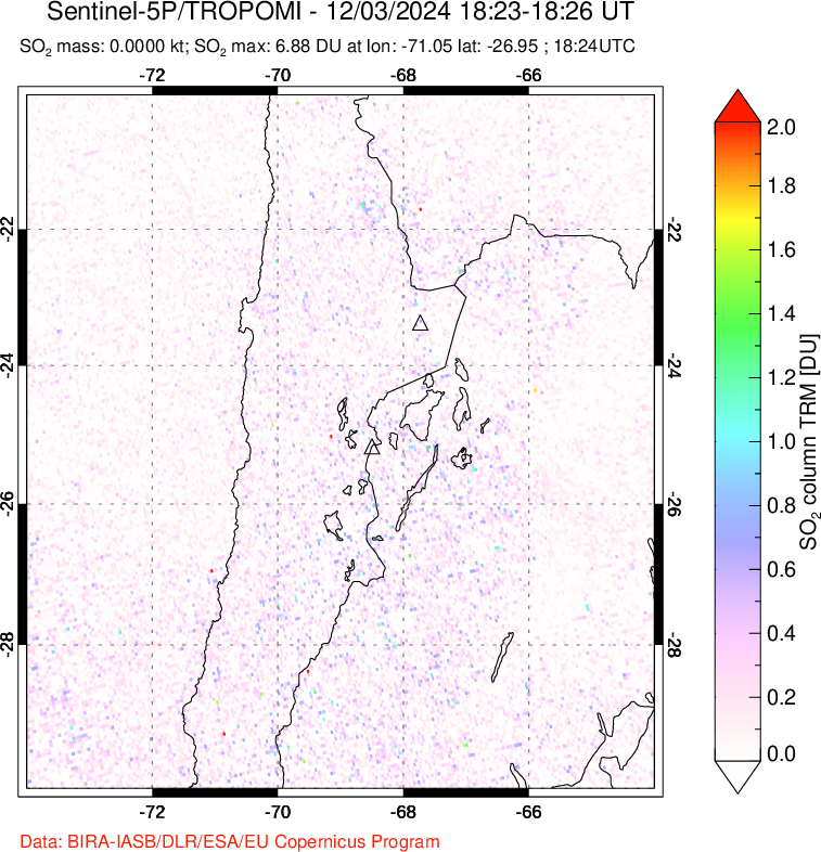 A sulfur dioxide image over Northern Chile on Dec 03, 2024.