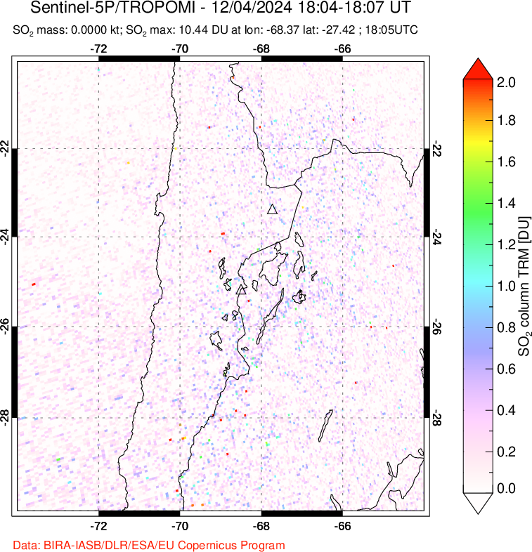 A sulfur dioxide image over Northern Chile on Dec 04, 2024.