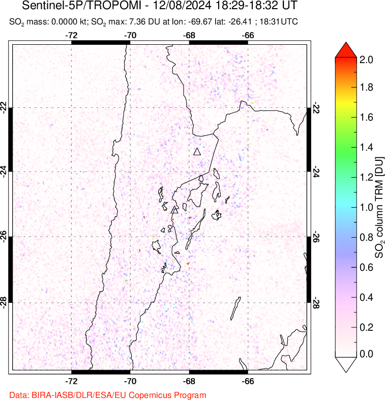 A sulfur dioxide image over Northern Chile on Dec 08, 2024.