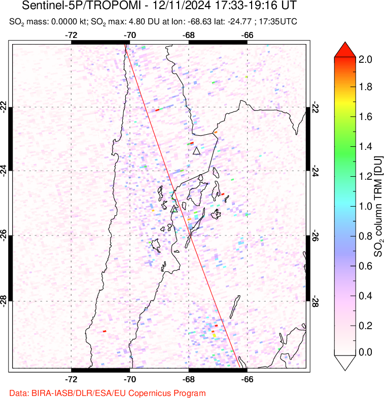 A sulfur dioxide image over Northern Chile on Dec 11, 2024.