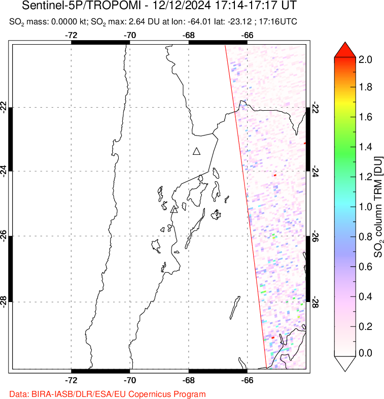 A sulfur dioxide image over Northern Chile on Dec 12, 2024.