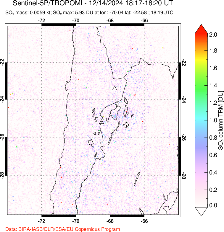 A sulfur dioxide image over Northern Chile on Dec 14, 2024.