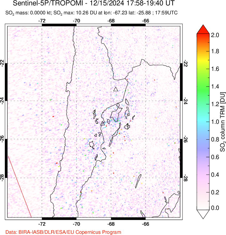 A sulfur dioxide image over Northern Chile on Dec 15, 2024.