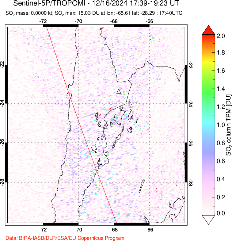 A sulfur dioxide image over Northern Chile on Dec 16, 2024.