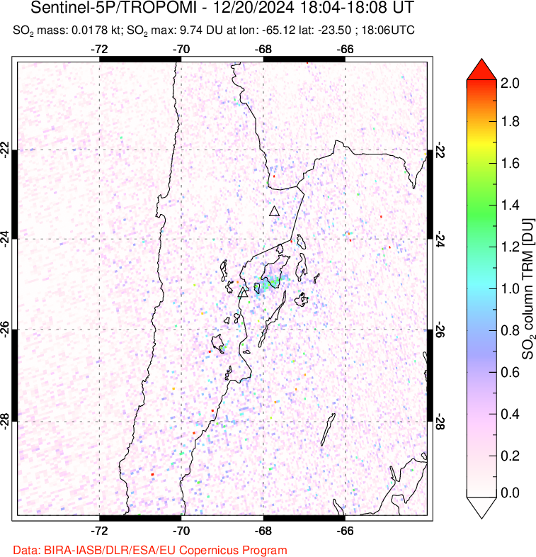 A sulfur dioxide image over Northern Chile on Dec 20, 2024.