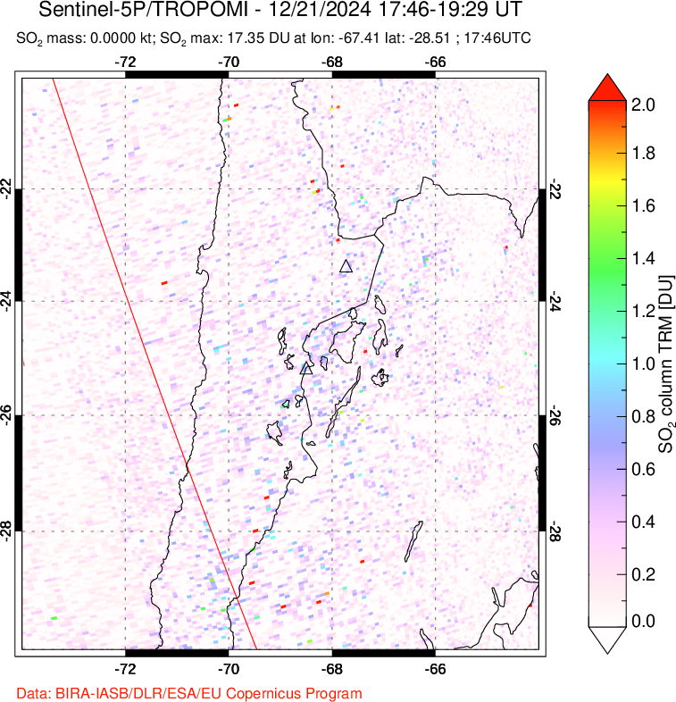 A sulfur dioxide image over Northern Chile on Dec 21, 2024.